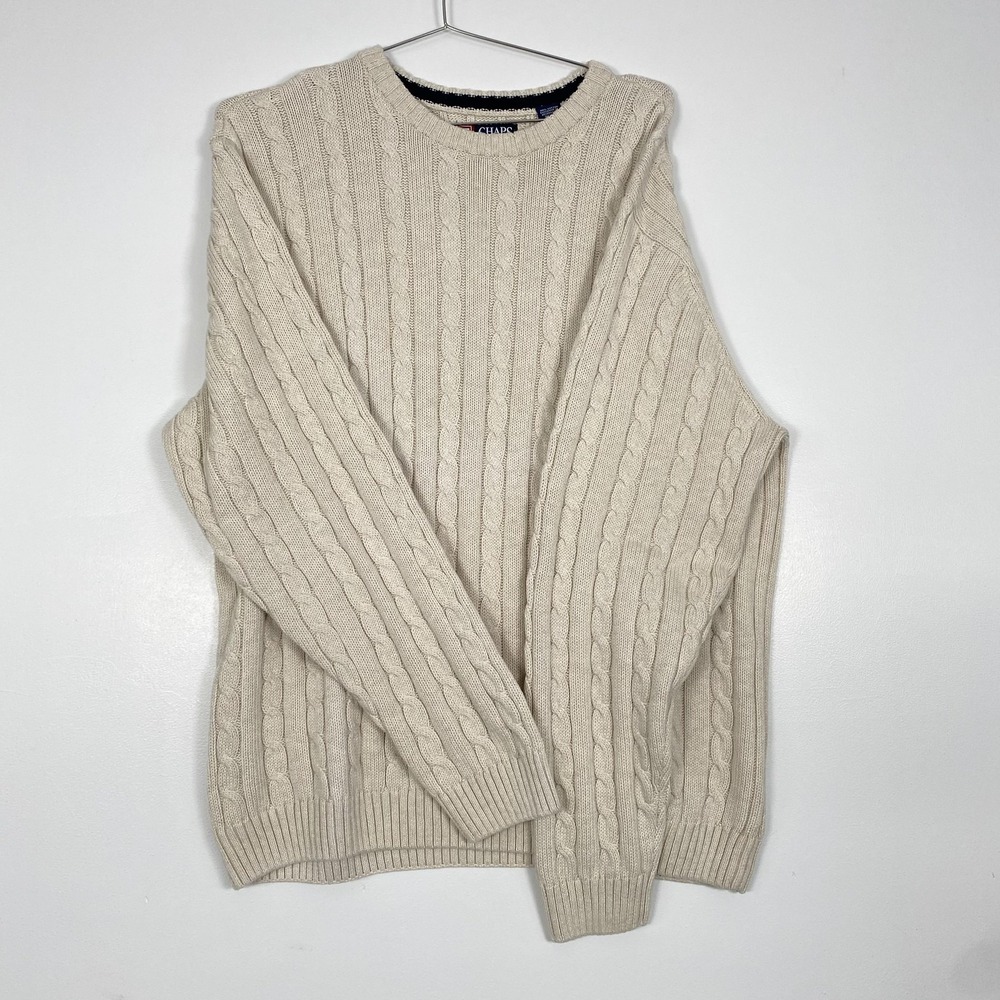 Vintage Chaps‎ Sweater Mens 2XL Ivory Cotton Cable Knit Crewneck Pullover 90s